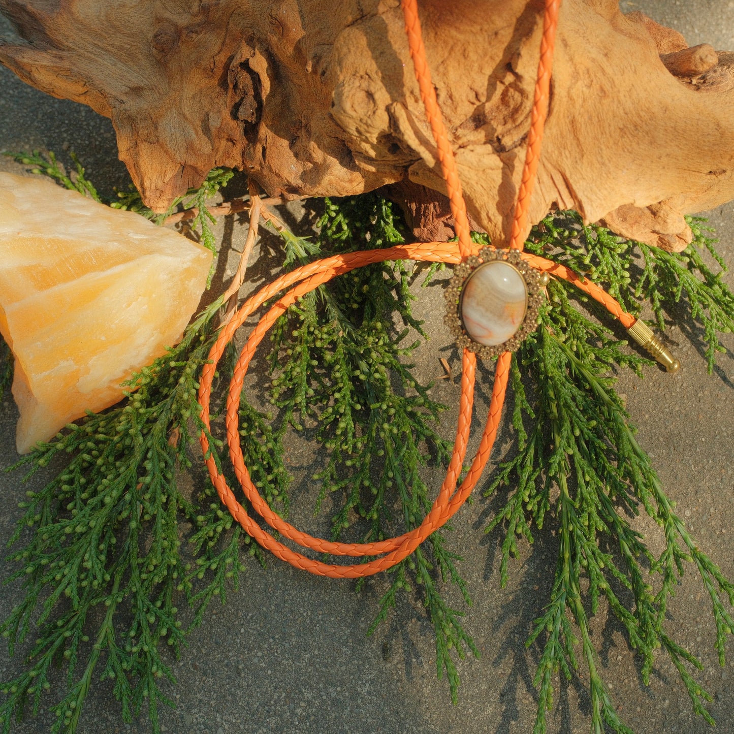 21 Crazy Lace Agate Bolo Tie - “Cinder Bloom”