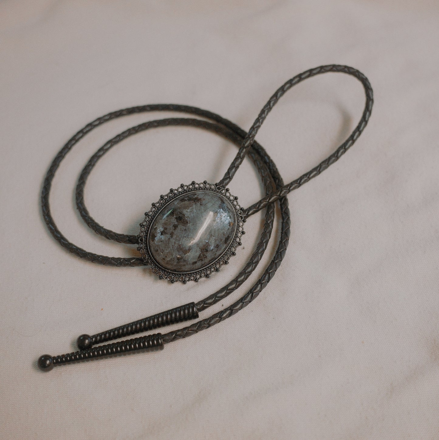 141 Larvikite Bolo Tie - “Silver Coffin”