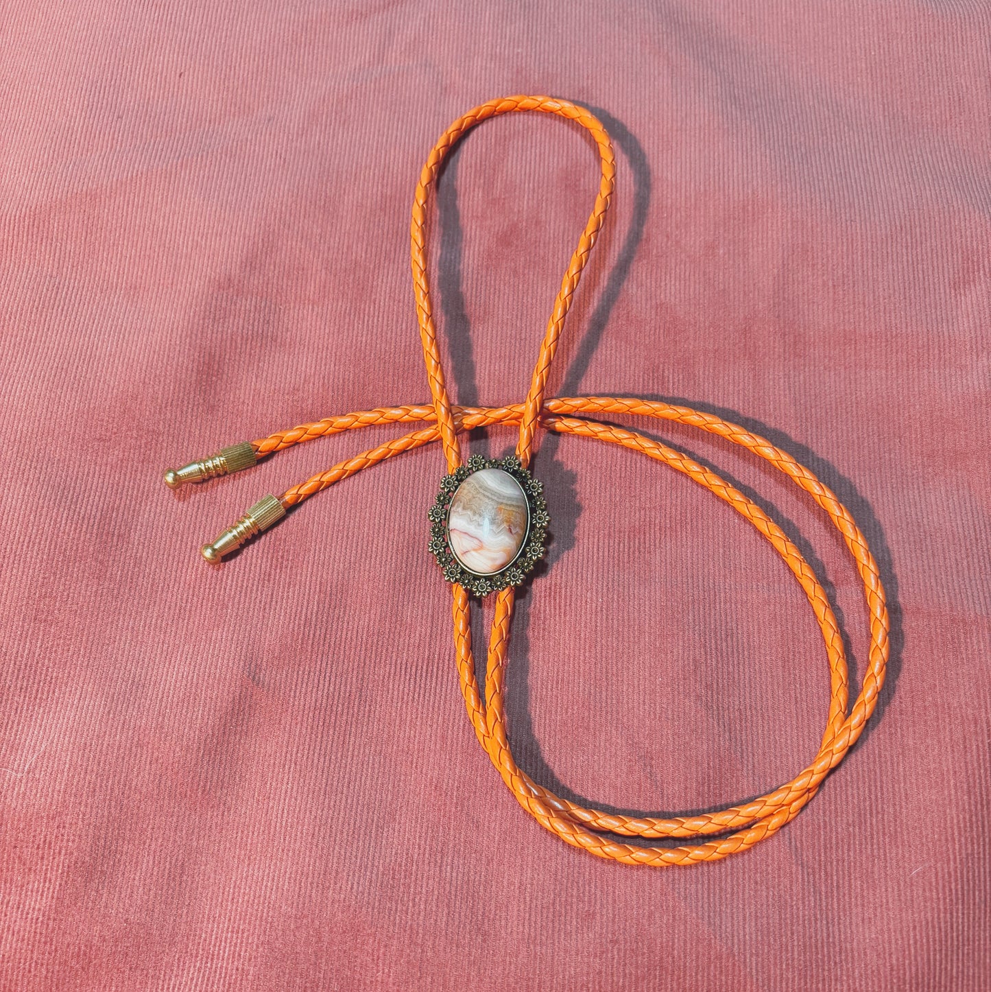 21 Crazy Lace Agate Bolo Tie - “Cinder Bloom”