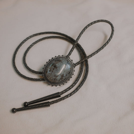 141 Larvikite Bolo Tie - “Silver Coffin”