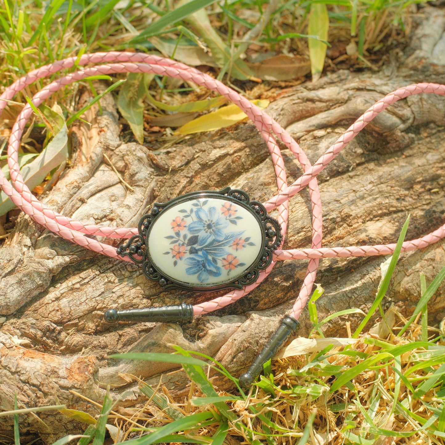 422 Vintage Floral Cabochon Bolo Tie - “Pink Porch Swing”