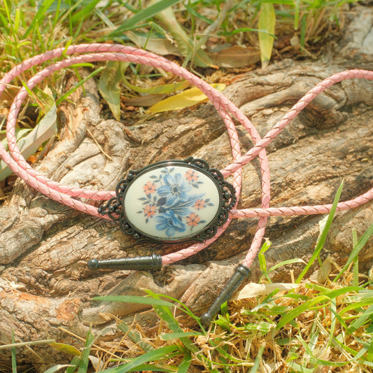 422 Vintage Floral Cabochon Bolo Tie - “Pink Porch Swing”