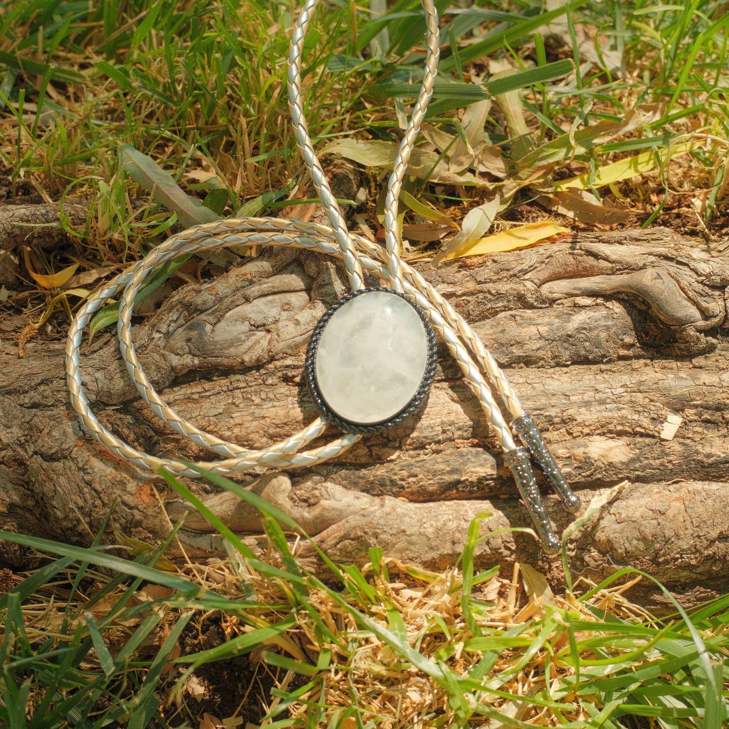 459 White Quartz Bolo Tie - “Moonstone Gambler”
