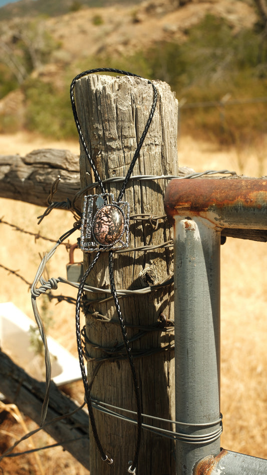 102 Matrix Rhodonite Bolo Tie - “Black Spur”